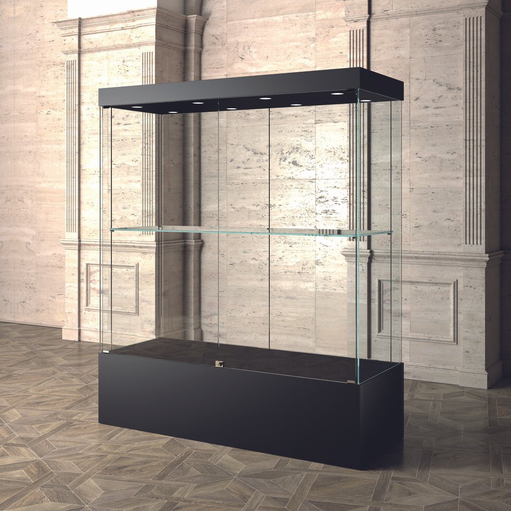 Wooden museum display showcase with adjustable shelf and 6 top lights 140cm wide