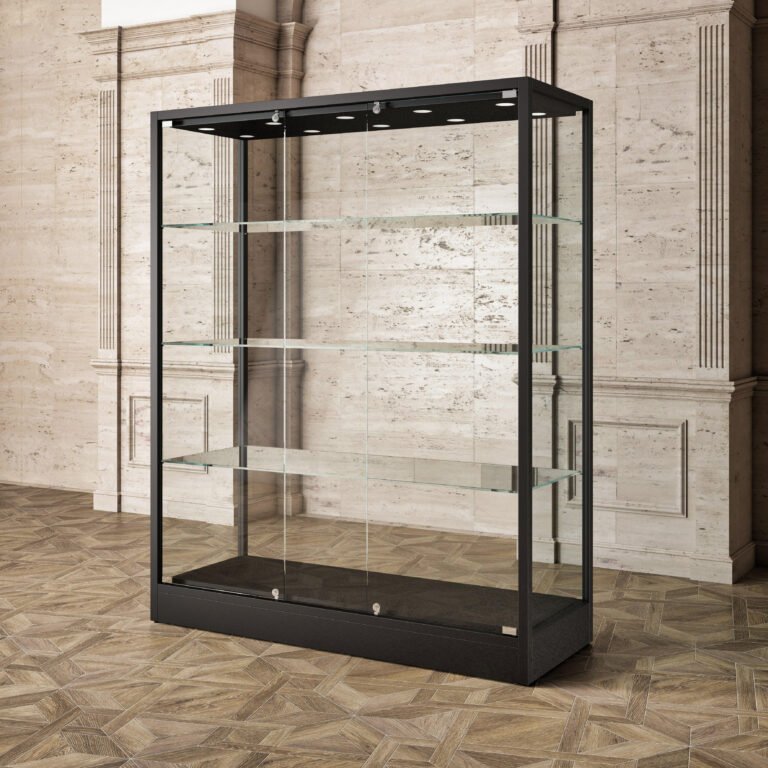 Museum display showcase with 3 shelves and 10 top lights 160cm wide