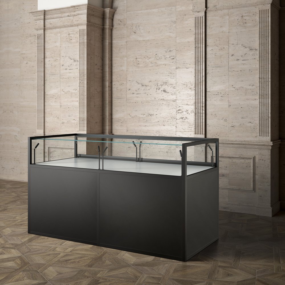 Museum display showcase with storage cabinet and 8 LED spotlights 180cm wide