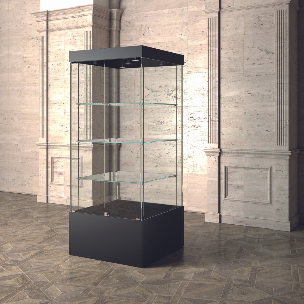 Wooden museum display showcase with 3 adjustable shelves and top lights 60cm wide