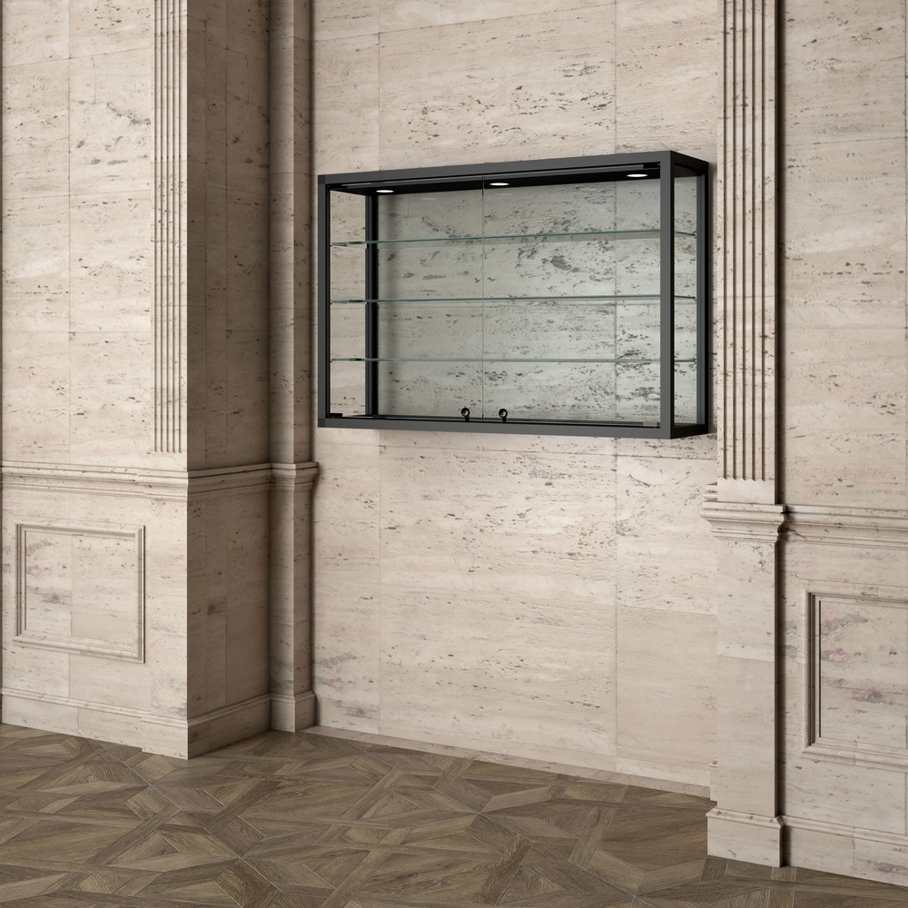 Wall mounted display showcase with 3 shelves and top lights 95cm wide